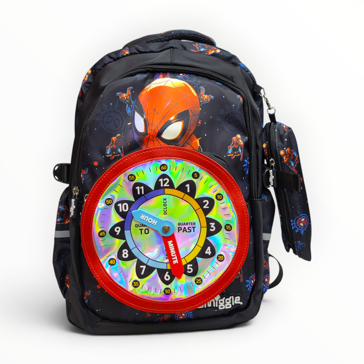 Front view of a black Smiggle Marvel Spider-Man kids school backpack featuring a large holographic interactive clock front pocket and an attached side pouch.
