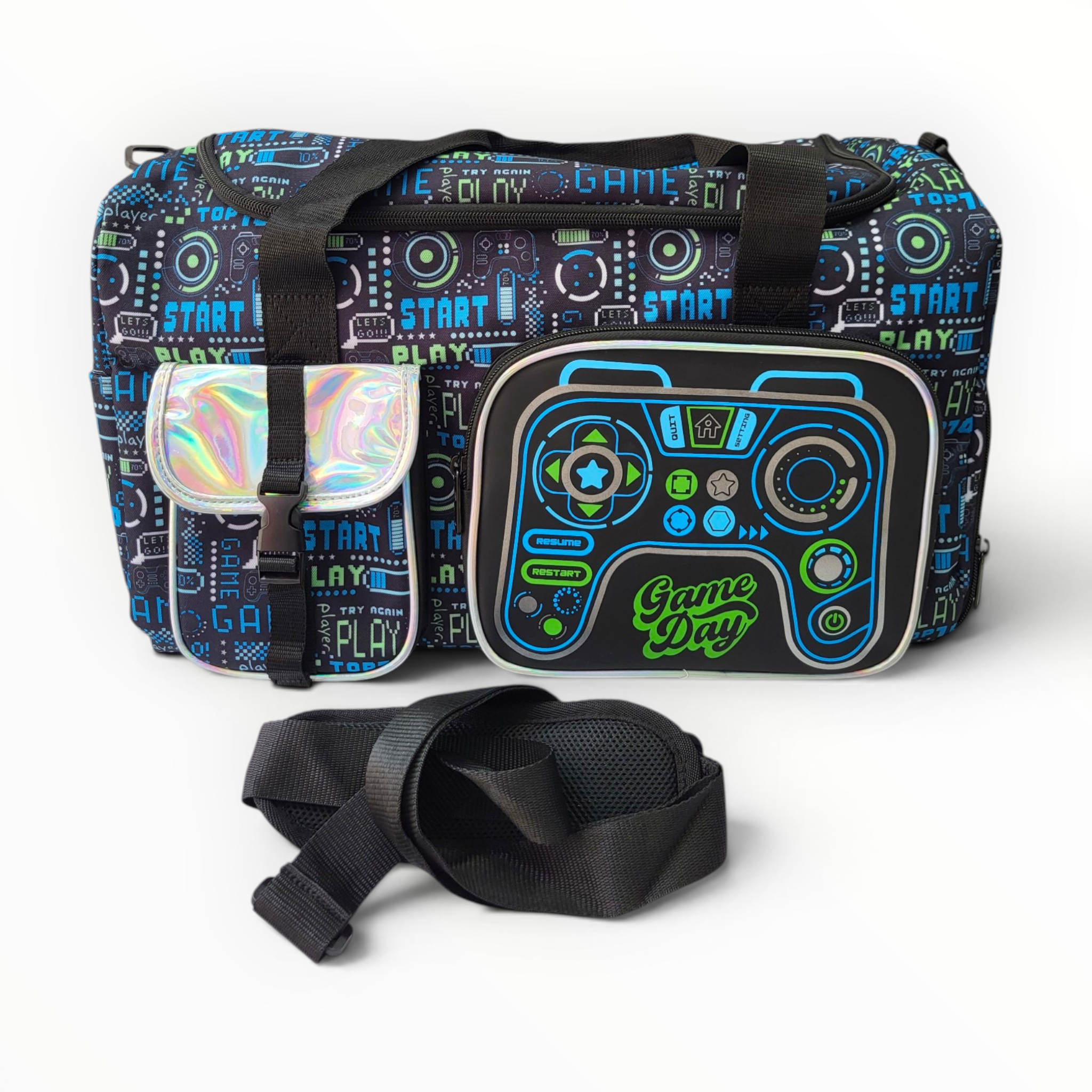 Front view of the Jasminestar video game duffel bag featuring a 3D controller pocket, holographic buckle pouch, and an uncoiled black padded shoulder strap.