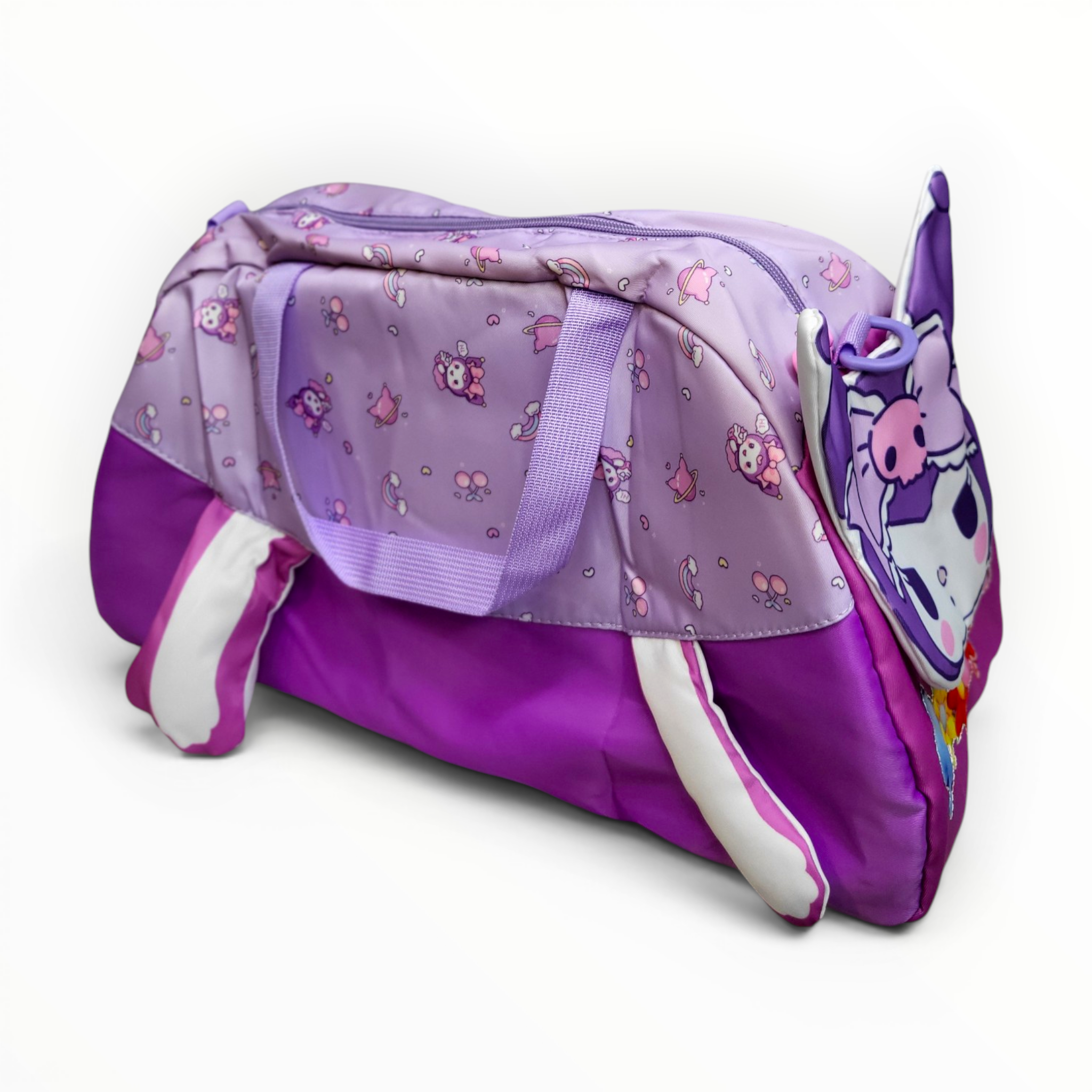 Cute purple cartoon-themed kids duffel bag featuring a kawaii-inspired character with 3D ears, decorative bow, spacious zippered compartment, dual carry handles, and durable construction for travel, sports, and sleepovers.