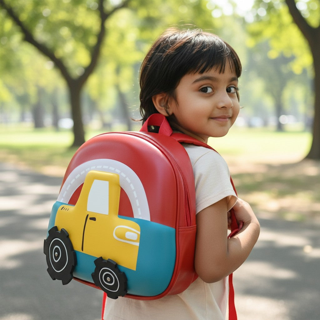 Tiny Tokens red, blue, and yellow 3D car hard shell backpack for toddlers aged 2-5 with rubber wheels.