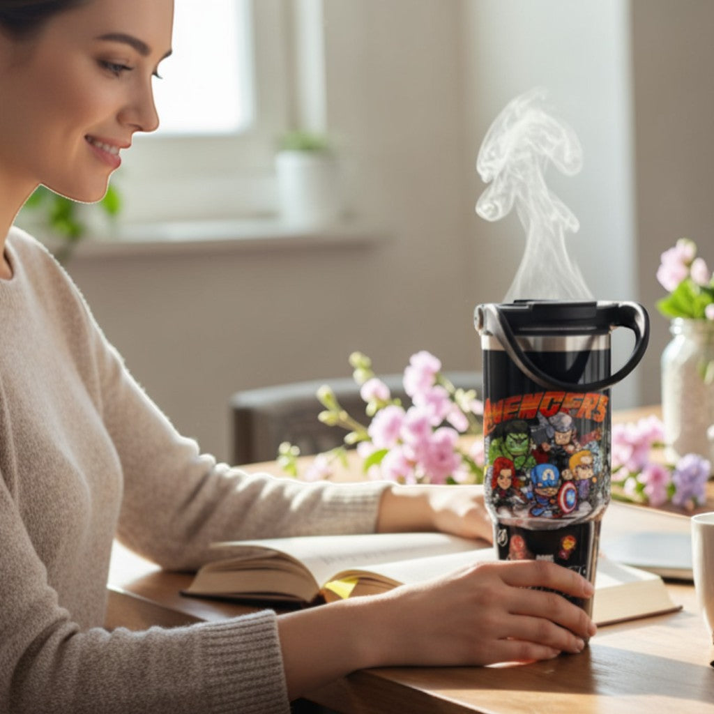 Tiny Tokens Avengers kids steel tumbler with chibi Iron Man, Hulk, Thor, Captain America, Spider-Man, and Black Widow print. Features flip lid and handle.
