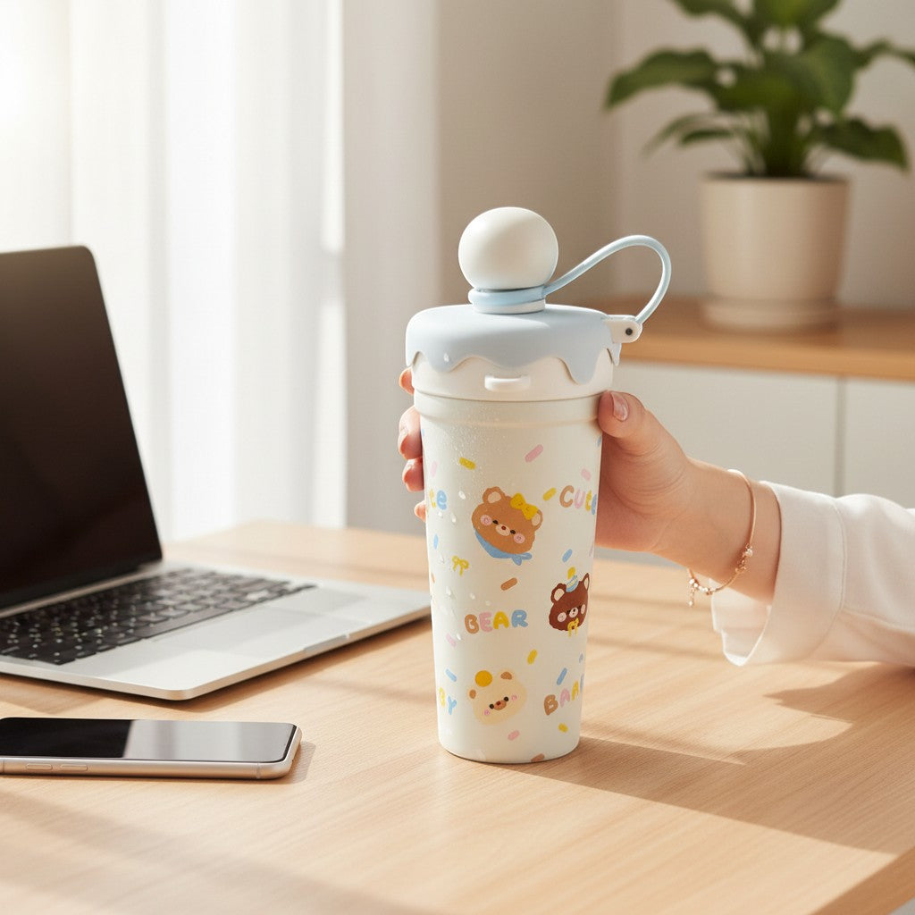 Tiny Tokens light blue and white steel sipper bottle with ice cream cone lid, straw, and cute bear print. Features leak-proof design.