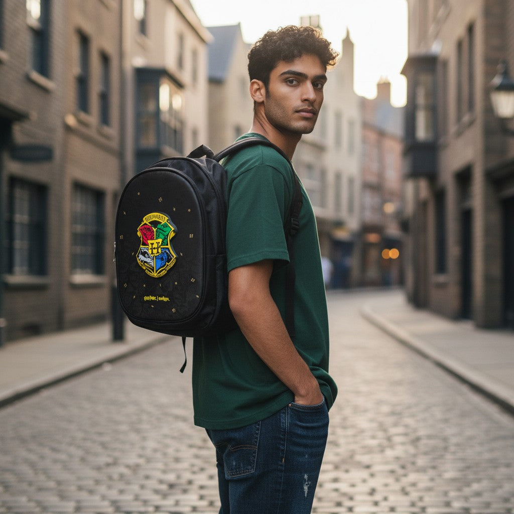 Tiny Tokens black polyester Harry Potter Hogwarts crest backpack with hard shell front panel and adjustable straps.