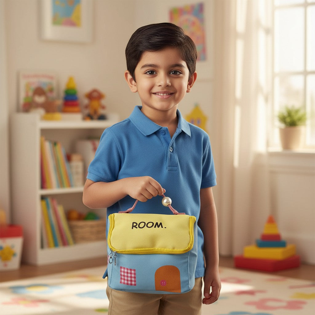 Tiny Tokens blue house-shaped kids lunch bag with yellow flap, pearl handle, and gingham window detail.