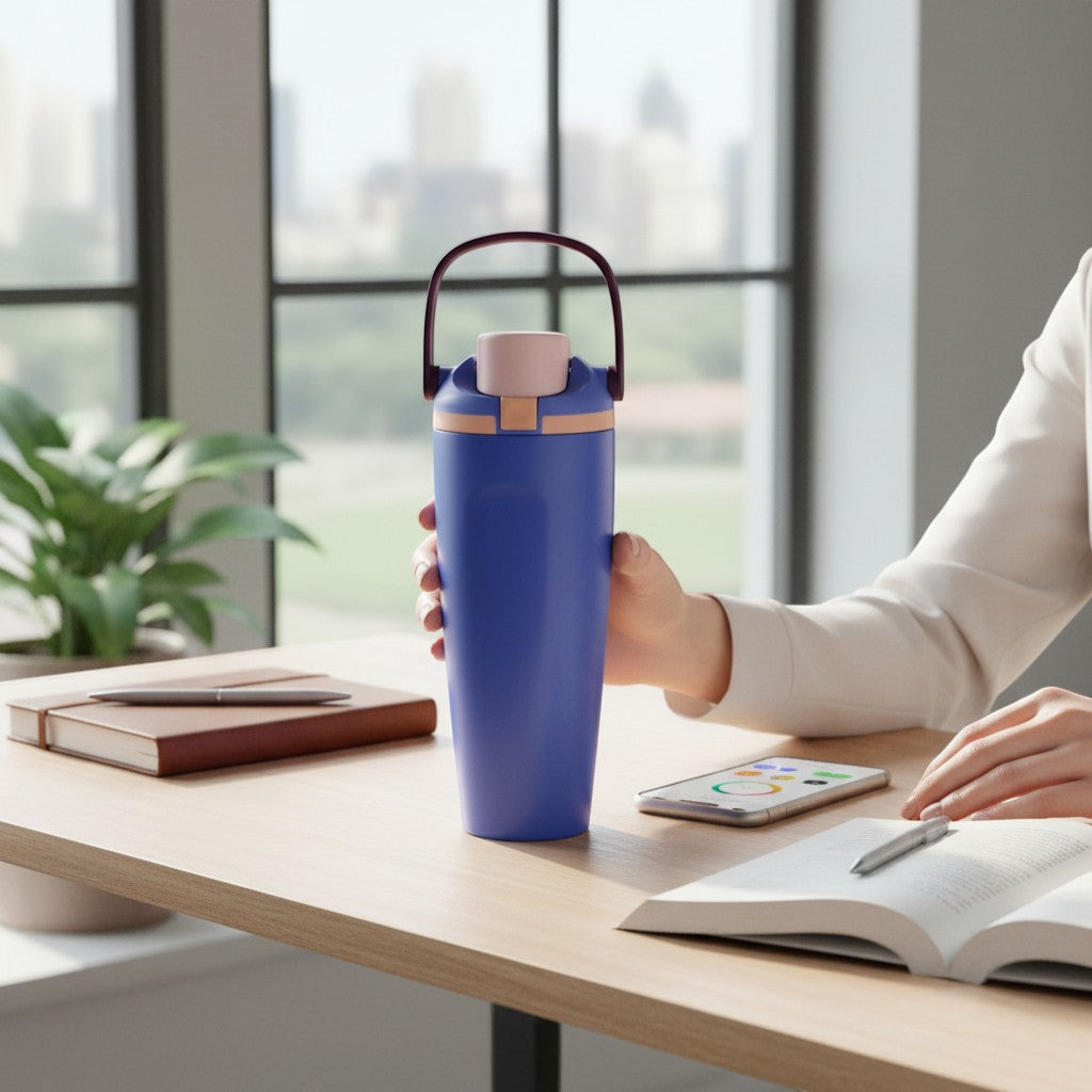 Tiny Tokens blue steel tumbler with foldable handle and flip spout lid for kids.
