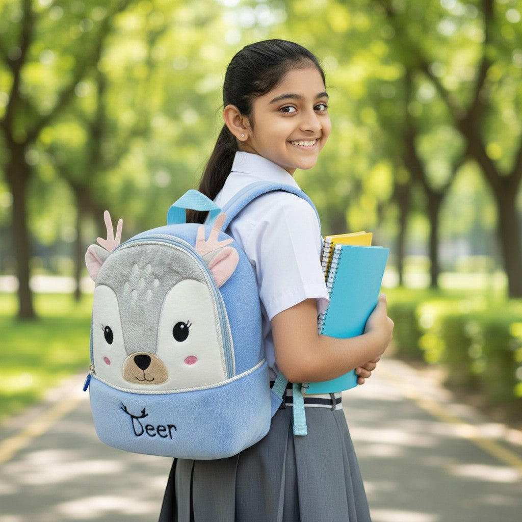 Tiny Tokens blue plush deer backpack for toddlers with 3D antlers and ears, perfect for nursery.