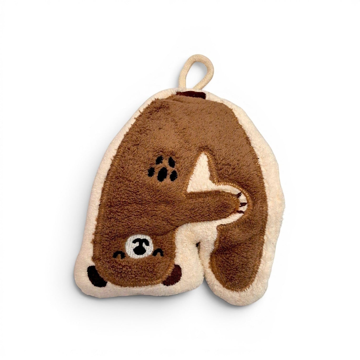 Tiny Tokens brown plush bear hand towel with hanging loop and embroidered face, paws, and nose.