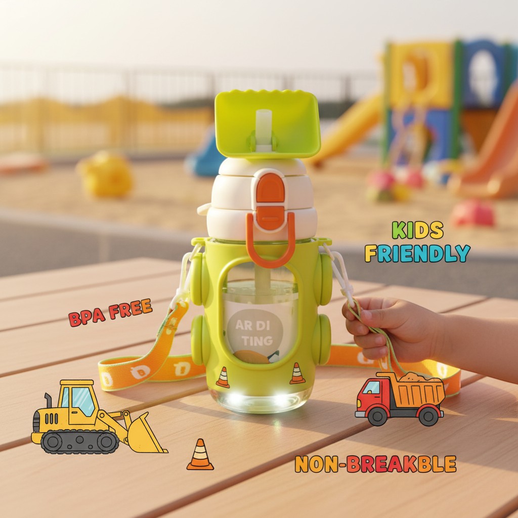 Tiny Tokens lime green bulldozer kids water bottle with straw lid and shoulder strap. BPA-free plastic.