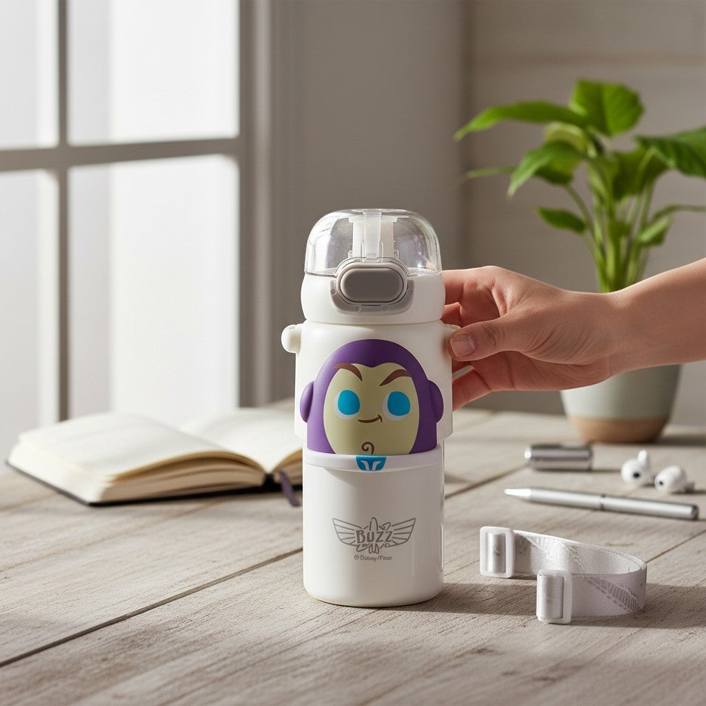 Tiny Tokens Buzz Lightyear kids water bottle with 3D badge, flip straw lid, and adjustable strap. White BPA-free plastic.