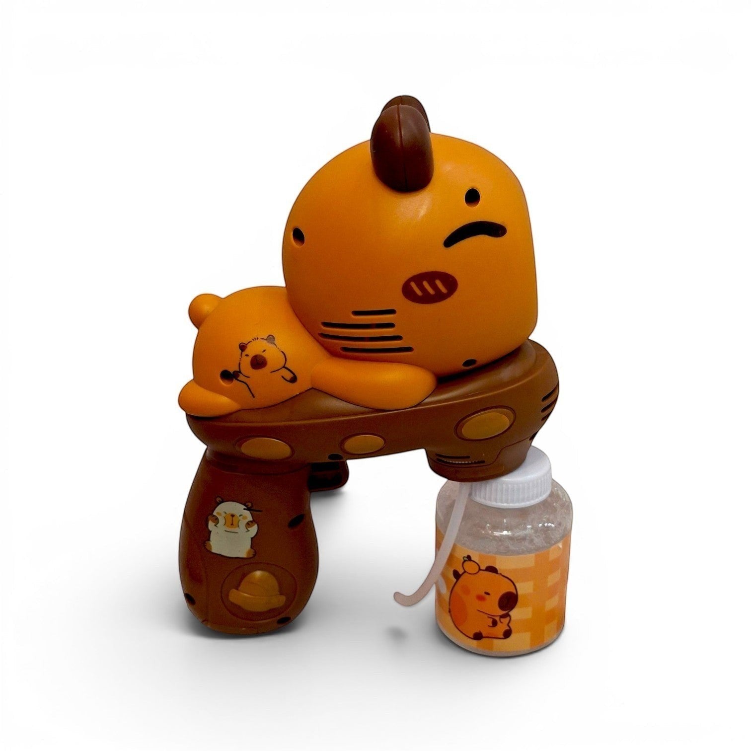 Tiny Tokens orange and brown cartoon capybara automatic bubble gun with LED lights and sound effects, includes bubble solution.