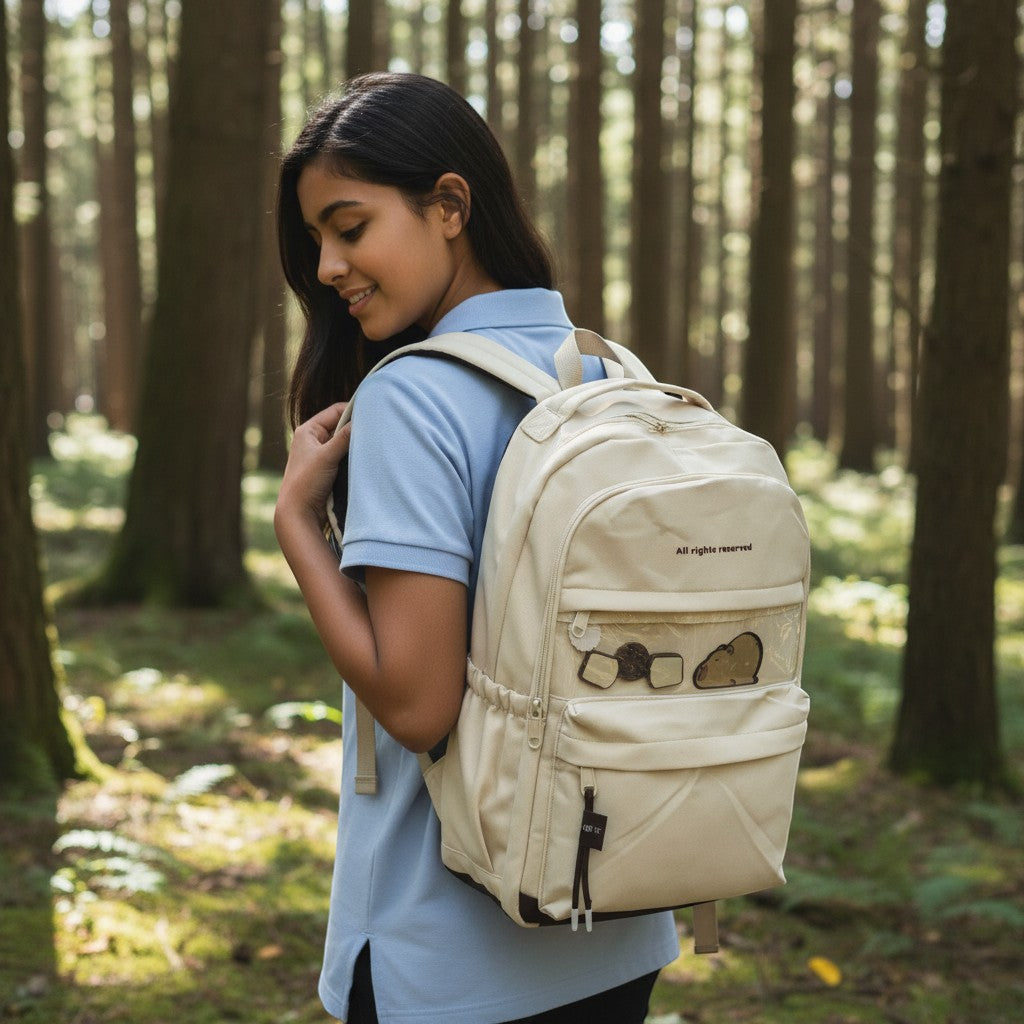 Tiny Tokens cream canvas backpack with capybara and cookie charms, transparent front pocket, and multiple compartments.