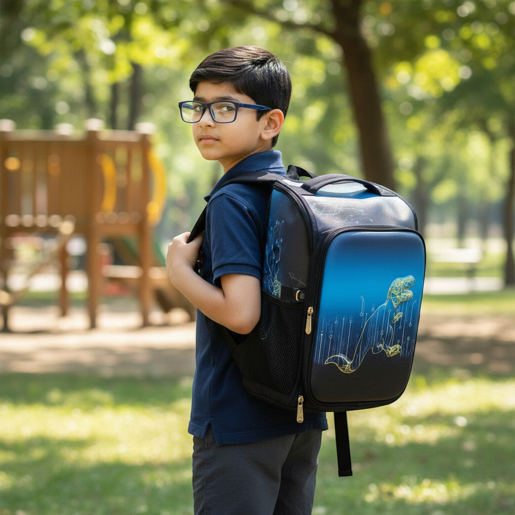 Tiny Tokens blue hard shell backpack with geometric T-Rex dinosaur and circuit board design for boys.