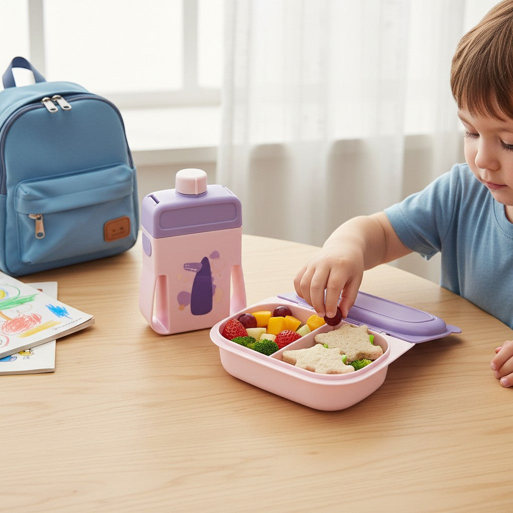 Tiny Tokens pink and purple dino lunch box with divided sections and a matching flat water bottle for girls.