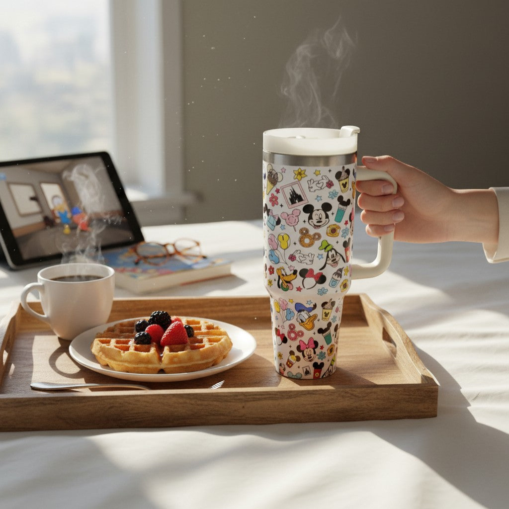 Tiny Tokens Disney Mickey & Friends 1.2L steel tumbler with handle and slide lid, featuring a full-coverage print of characters like Mickey, Minnie, Goofy, and Donald. Cream handle and lid.