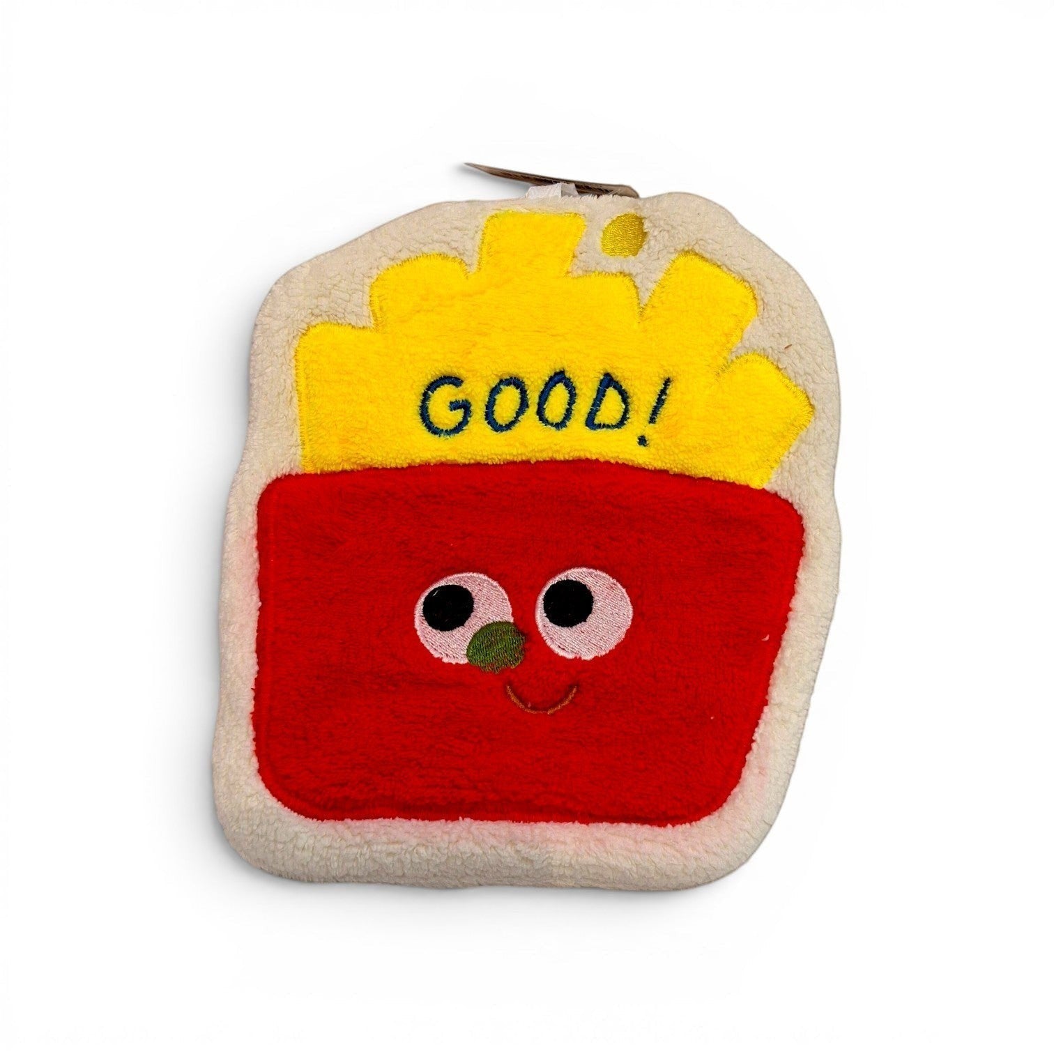Tiny Tokens French Fries plush hand towel with embroidered "GOOD!" text and a cute face, featuring a hanging loop.