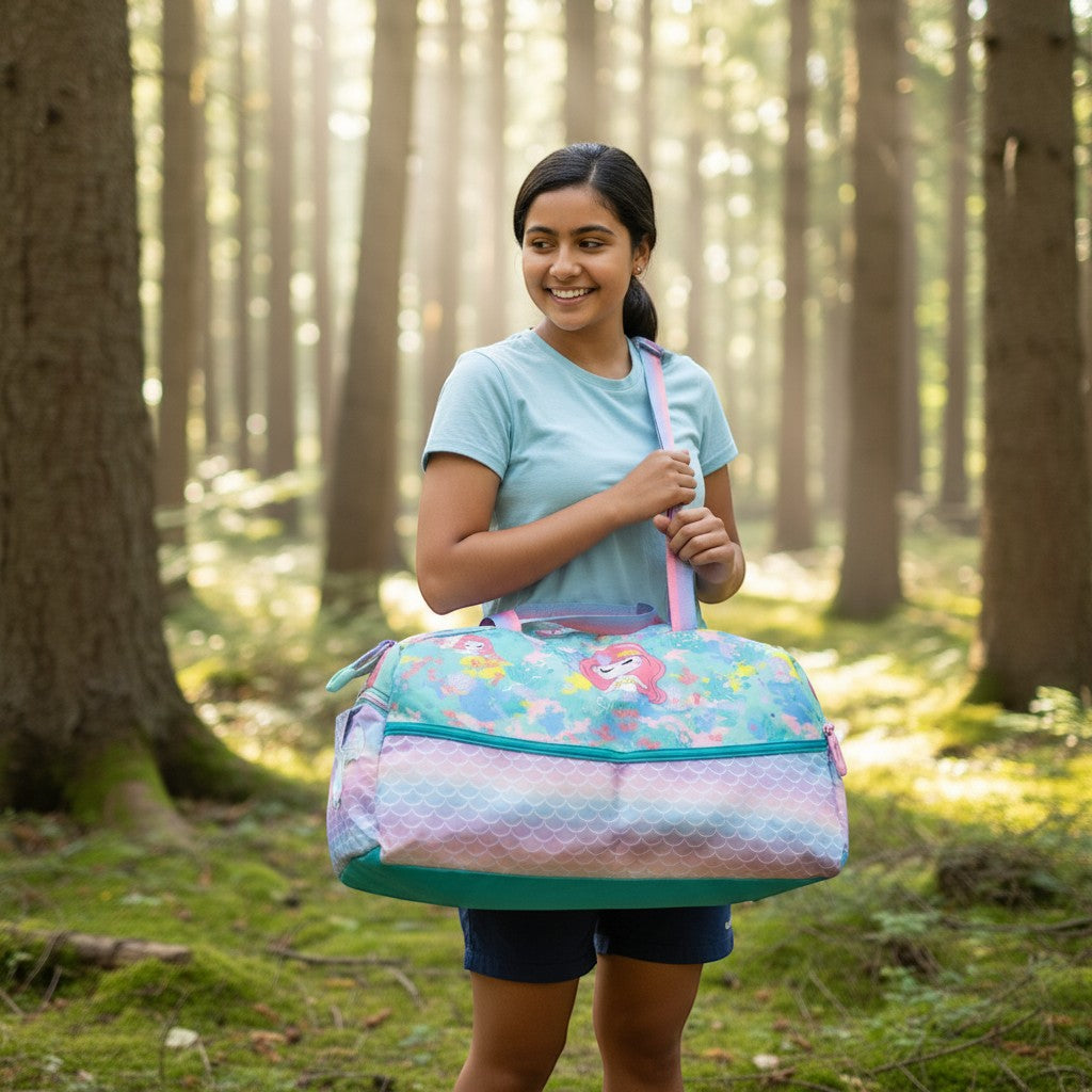 Tiny Tokens girls mermaid duffle bag with 3D tail, iridescent fins, and underwater print. Features mermaid face panel and glitter shell clip.