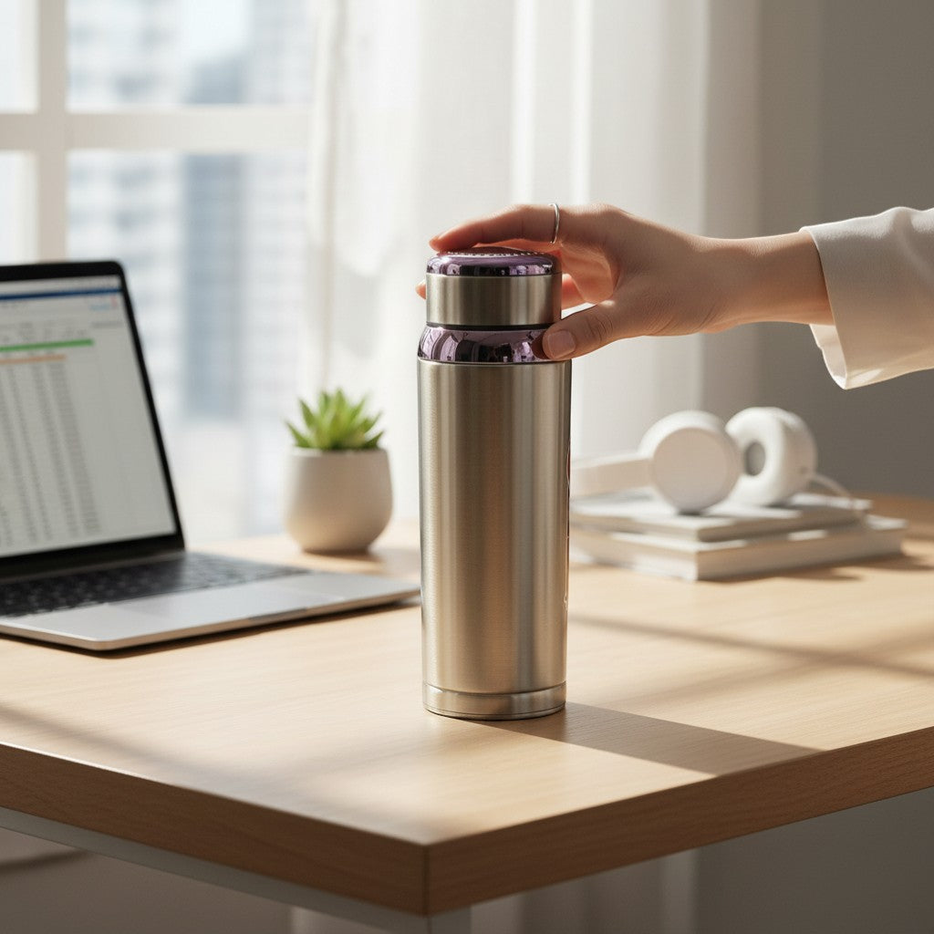 Tiny Tokens gold stainless steel thermos flask with tea infuser and purple lid, ideal for school, office, travel.