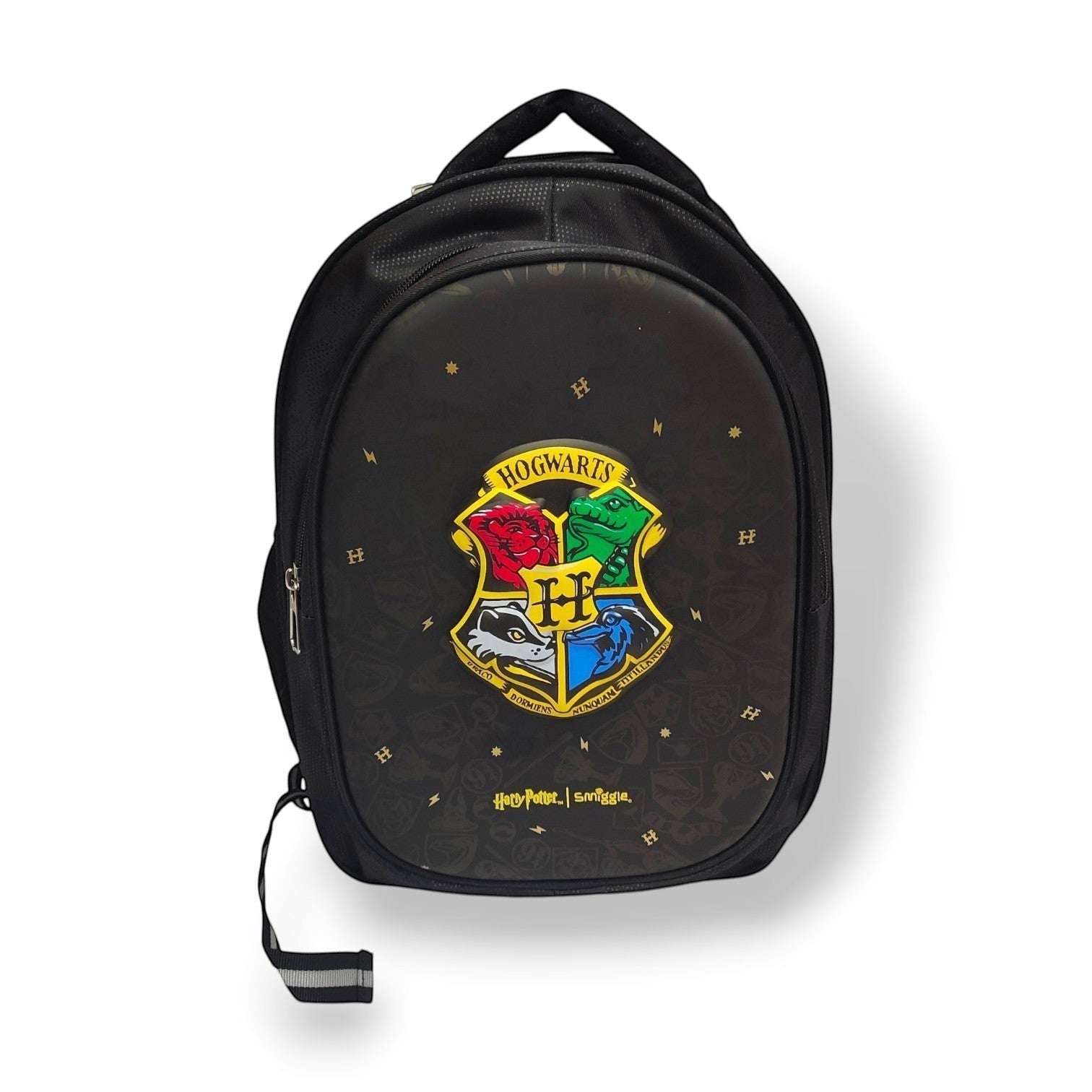 Tiny Tokens black Harry Potter Hogwarts backpack with hard shell front featuring the Hogwarts crest and house emblems. Adjustable straps.