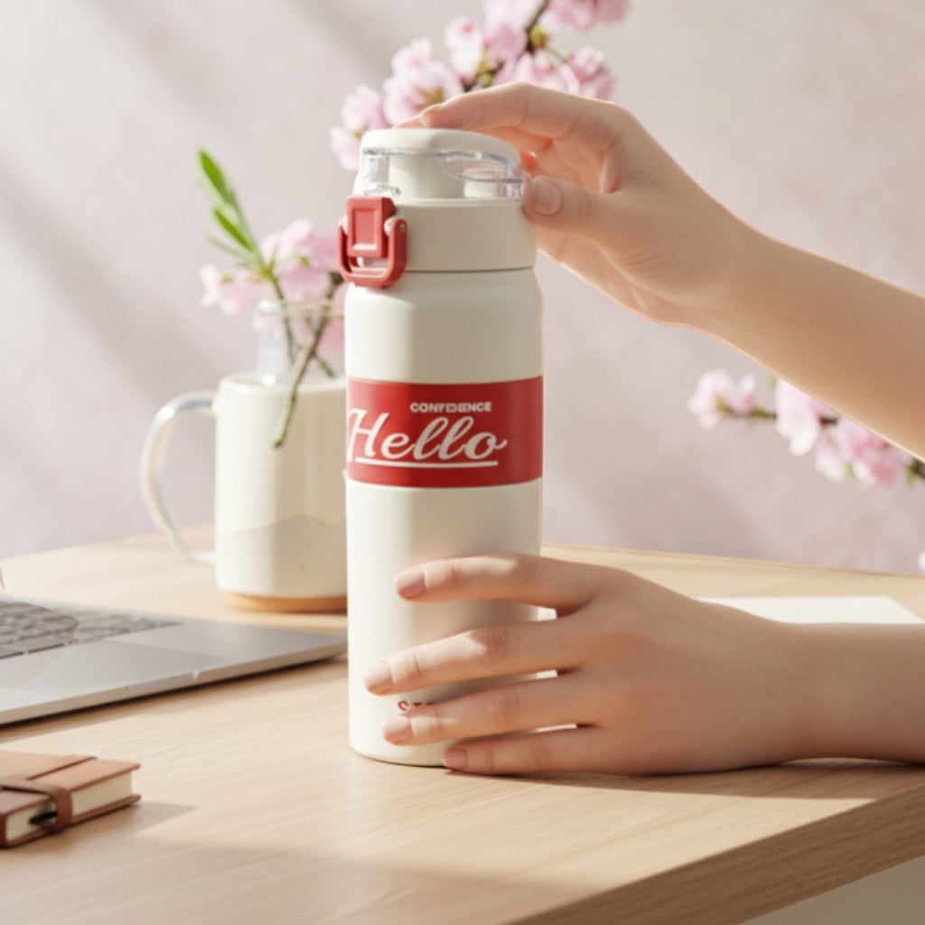 Tiny Tokens cream white steel water bottle with red Hello Confidence band and flip lid, ideal for school.