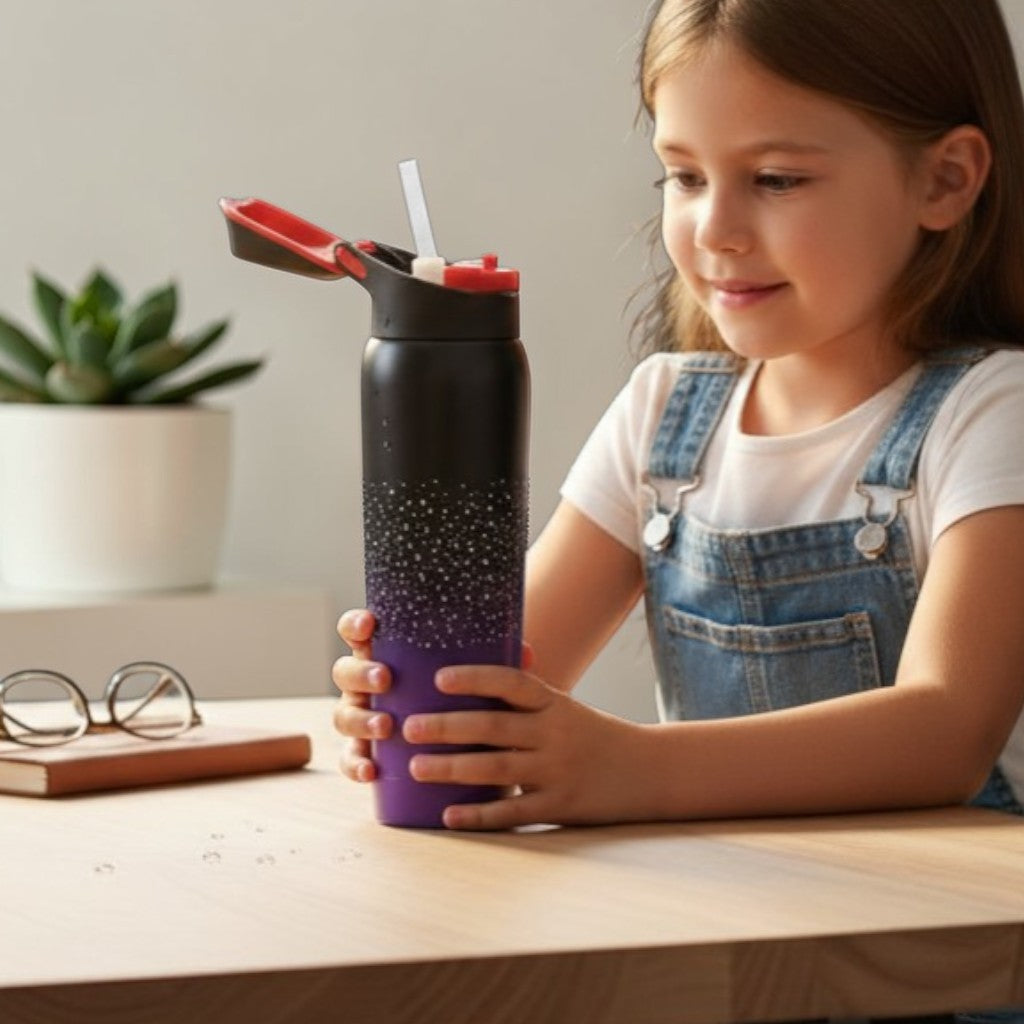 Tiny Tokens black-purple insulated steel water bottle with straw lid and galaxy print. Leak-proof for kids.