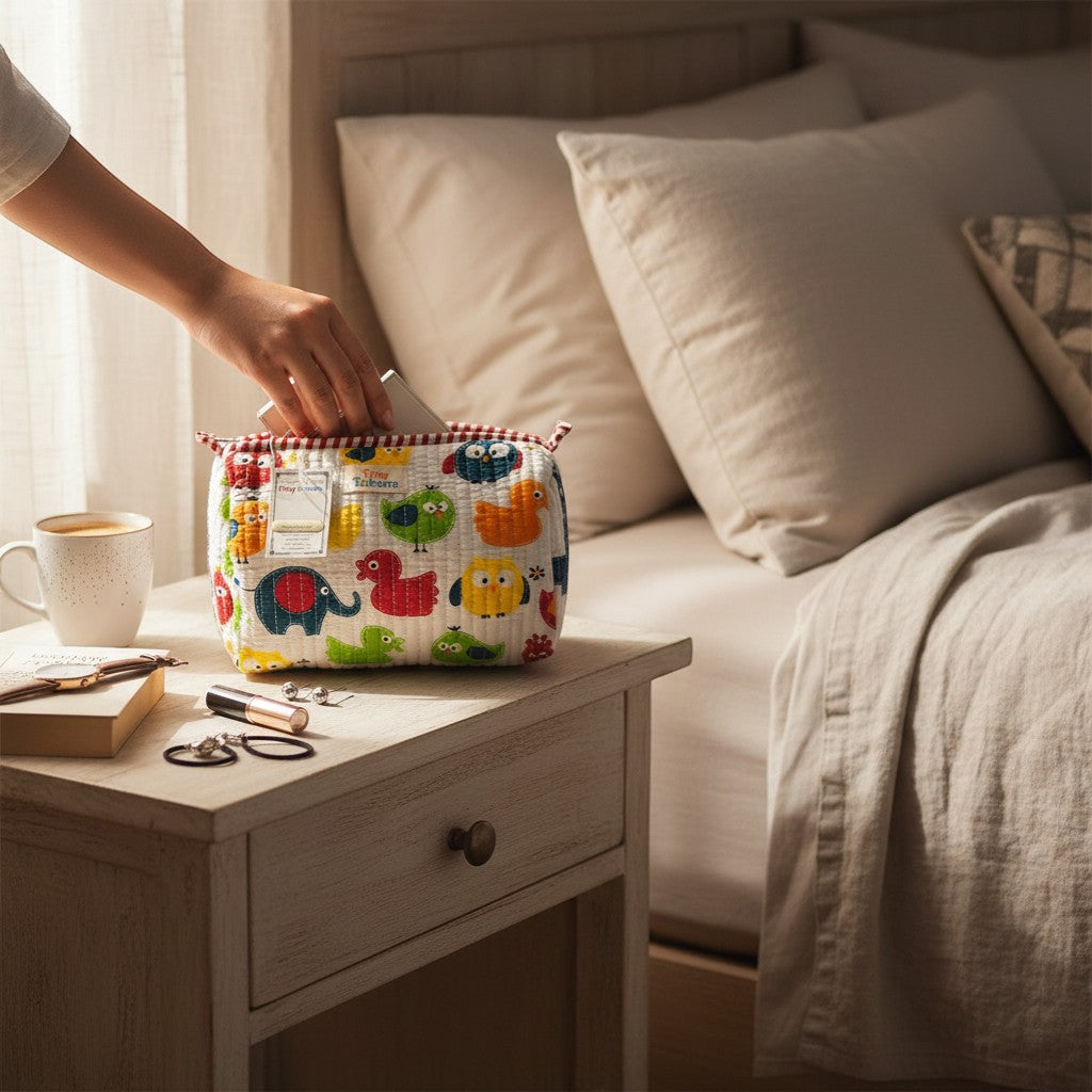 Tiny Tokens kids quilted cotton pouch bag with colourful animal prints and red striped trim. Features owls, elephants, ducks, and birds.