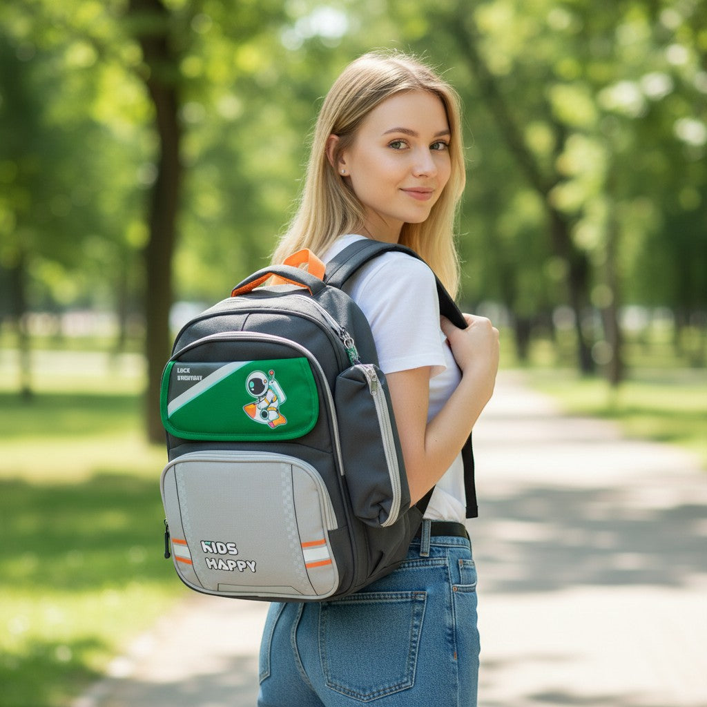 Tiny Tokens grey, green, and orange kids backpack with astronaut on rocket graphic and "Kids Happy" text.