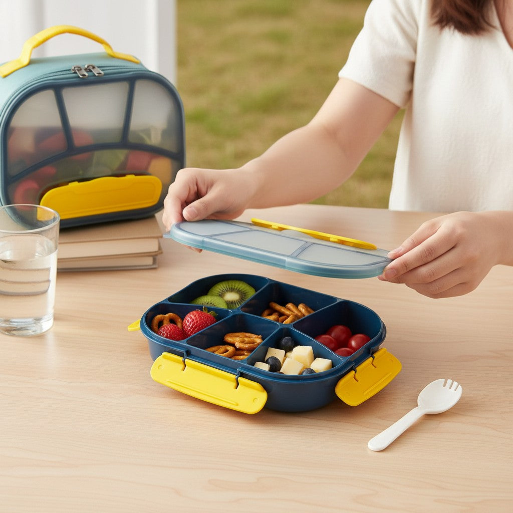 Tiny Tokens blue and yellow 4-compartment bento lunch box with spoon for kids, 1.8L capacity, BPA-free plastic.
