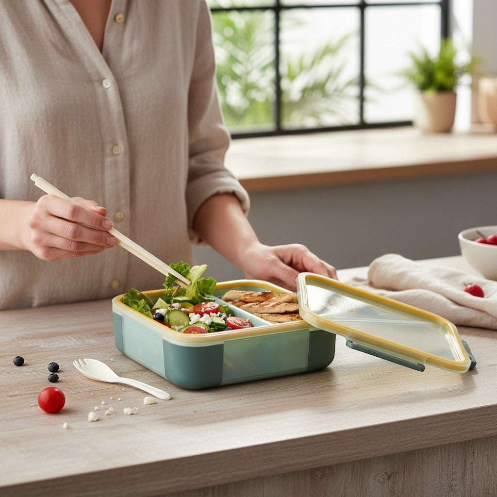 Tiny Tokens kids 3-section bento lunch box in mint green with yellow trim, includes spork and transparent lid.