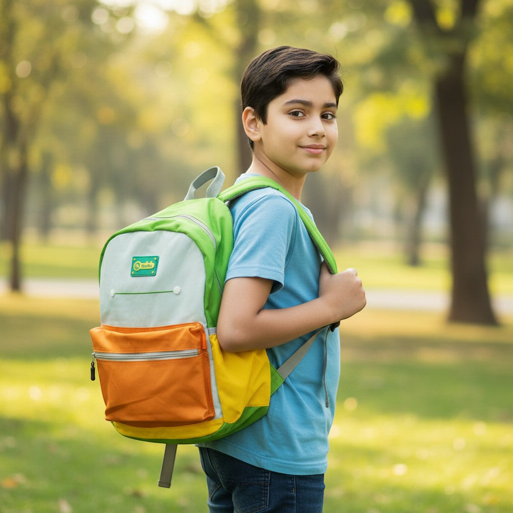 Tiny Tokens Niu Niu Kids colourblock backpack in green, light grey, orange, and yellow. Features padded straps and front zip pocket.