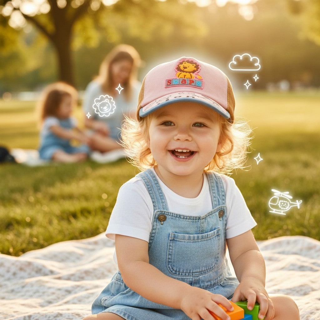 Tiny Tokens pink and brown cotton twill baseball cap with 3D lion ears and 'STARS' embroidery for kids.