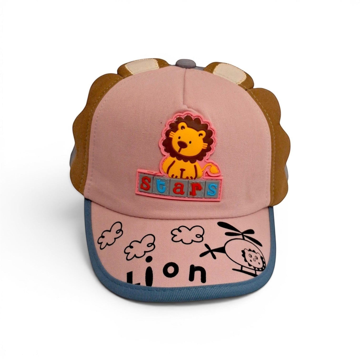 Tiny Tokens pink cotton baseball cap with 3D lion ears, a lion badge, and 'STARS' text. Features a curved brim with cloud and helicopter graphics.