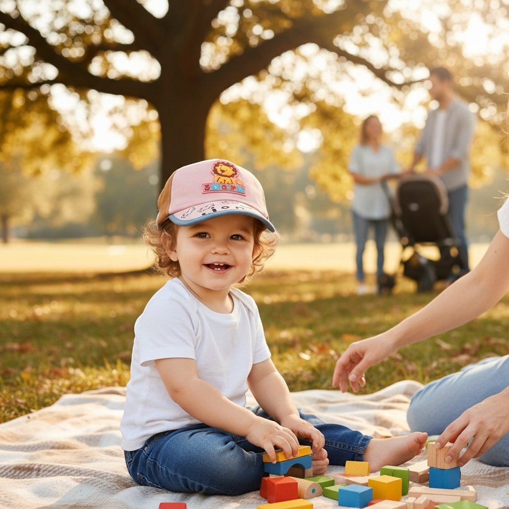 Tiny Tokens pink and grey cotton twill baseball cap for kids with 3D lion ears and a curved brim for sun protection.