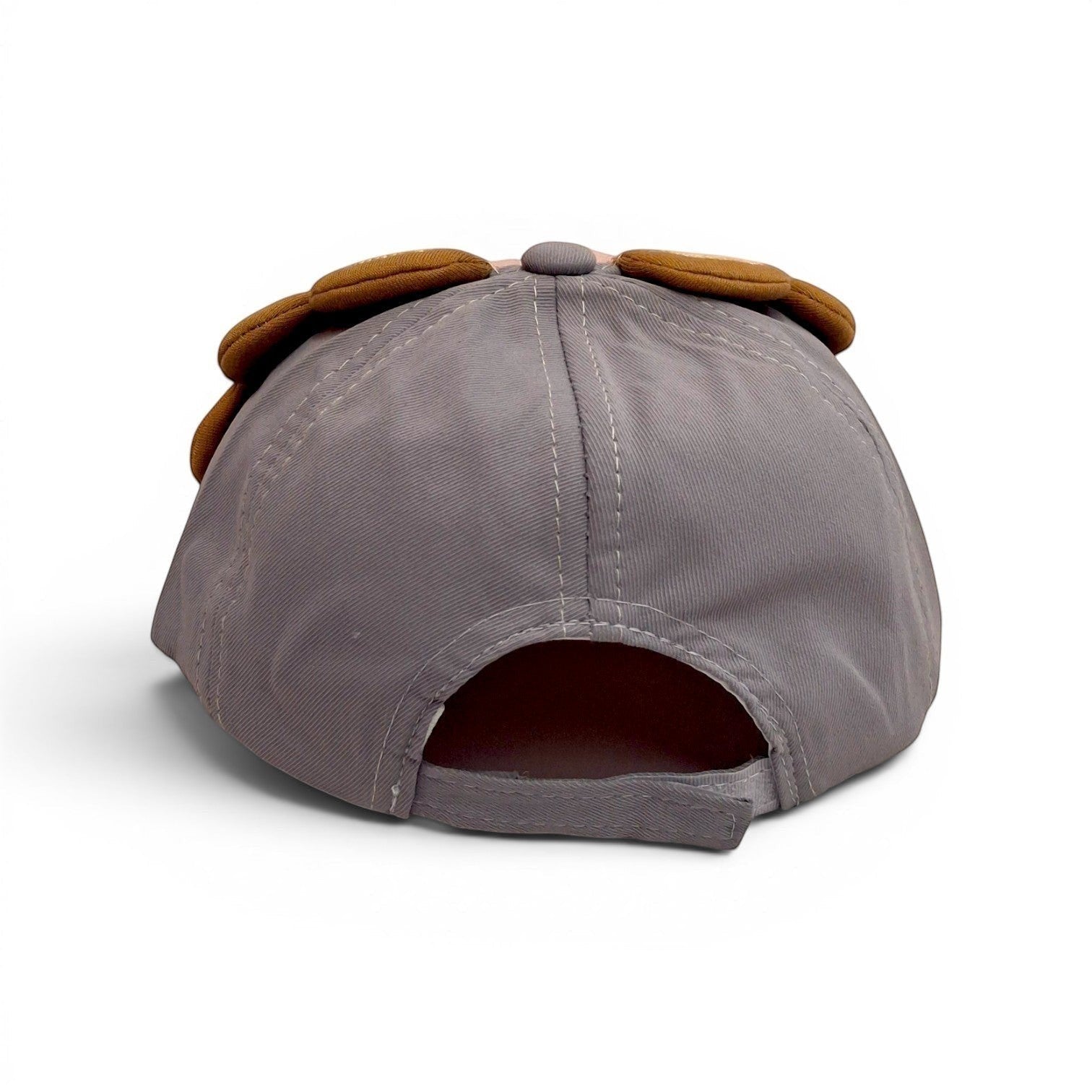Tiny Tokens grey cotton baseball cap with 3D brown lion ears and adjustable strap. Fun sun protection hat for kids.