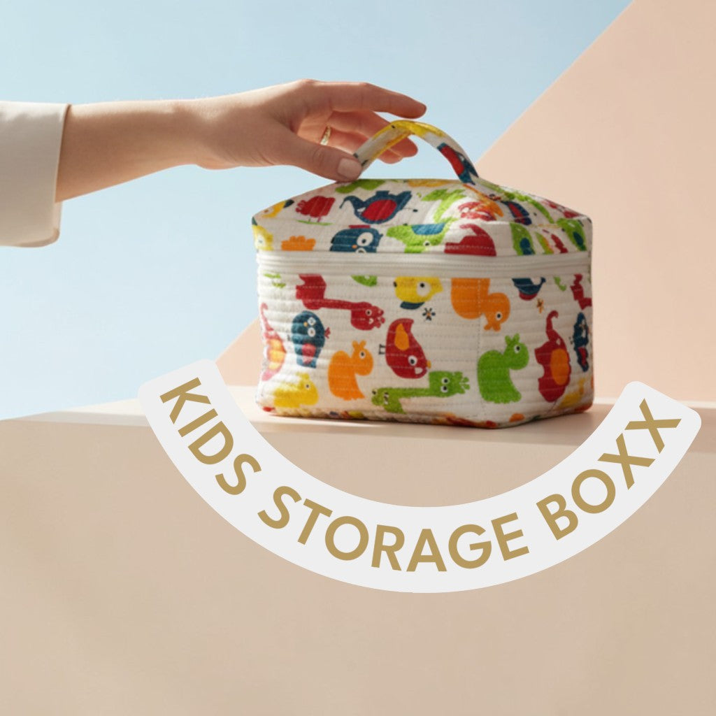 Tiny Tokens quilted cotton organiser bag with colourful animal print, zip closure, and handle. Ideal for school and travel.