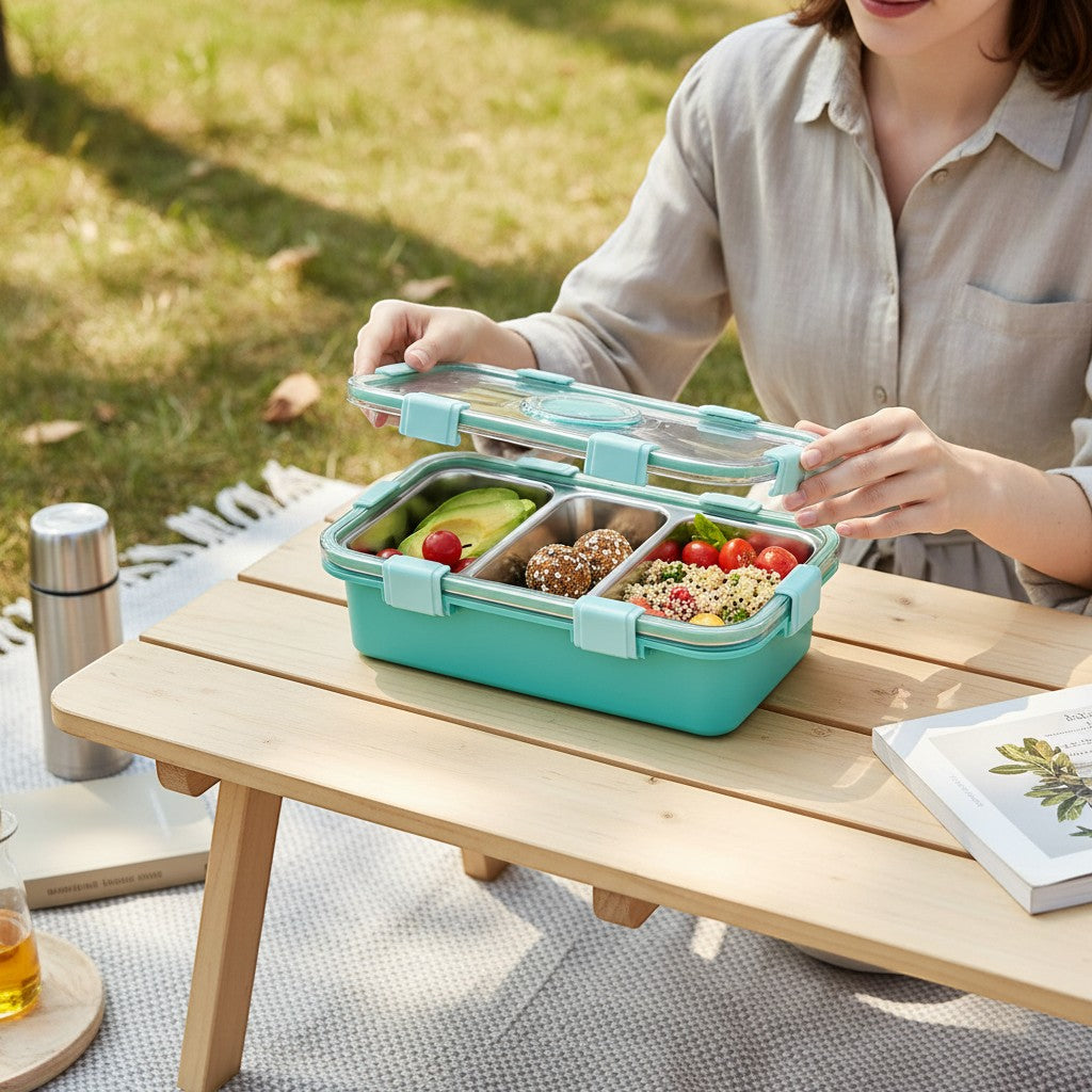 Tiny Tokens teal 4-section stainless steel lunch box with soup cup and spoon, ideal for kids.
