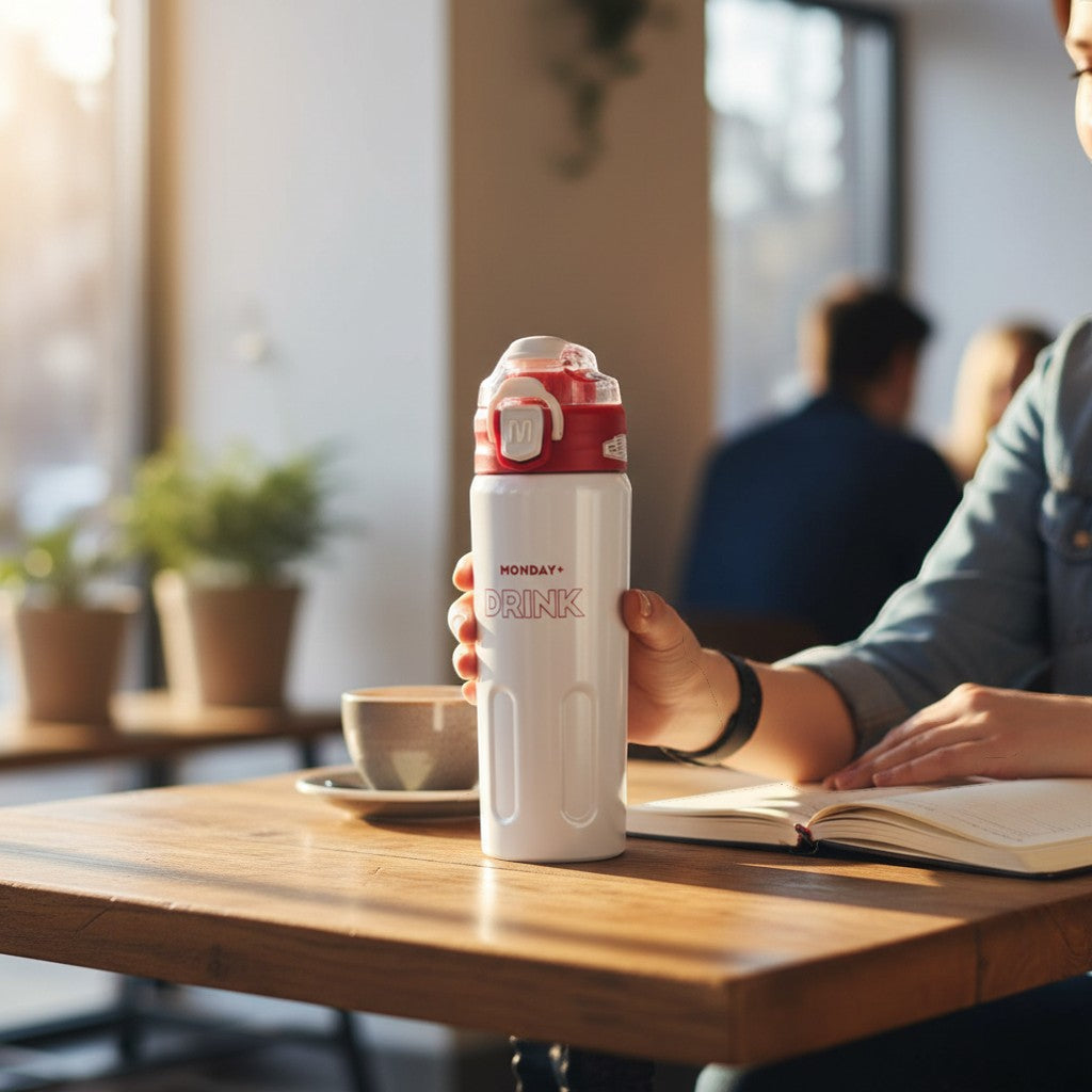 Tiny Tokens white and red insulated steel water bottle for kids with flip lid and M lock. Perfect for school.