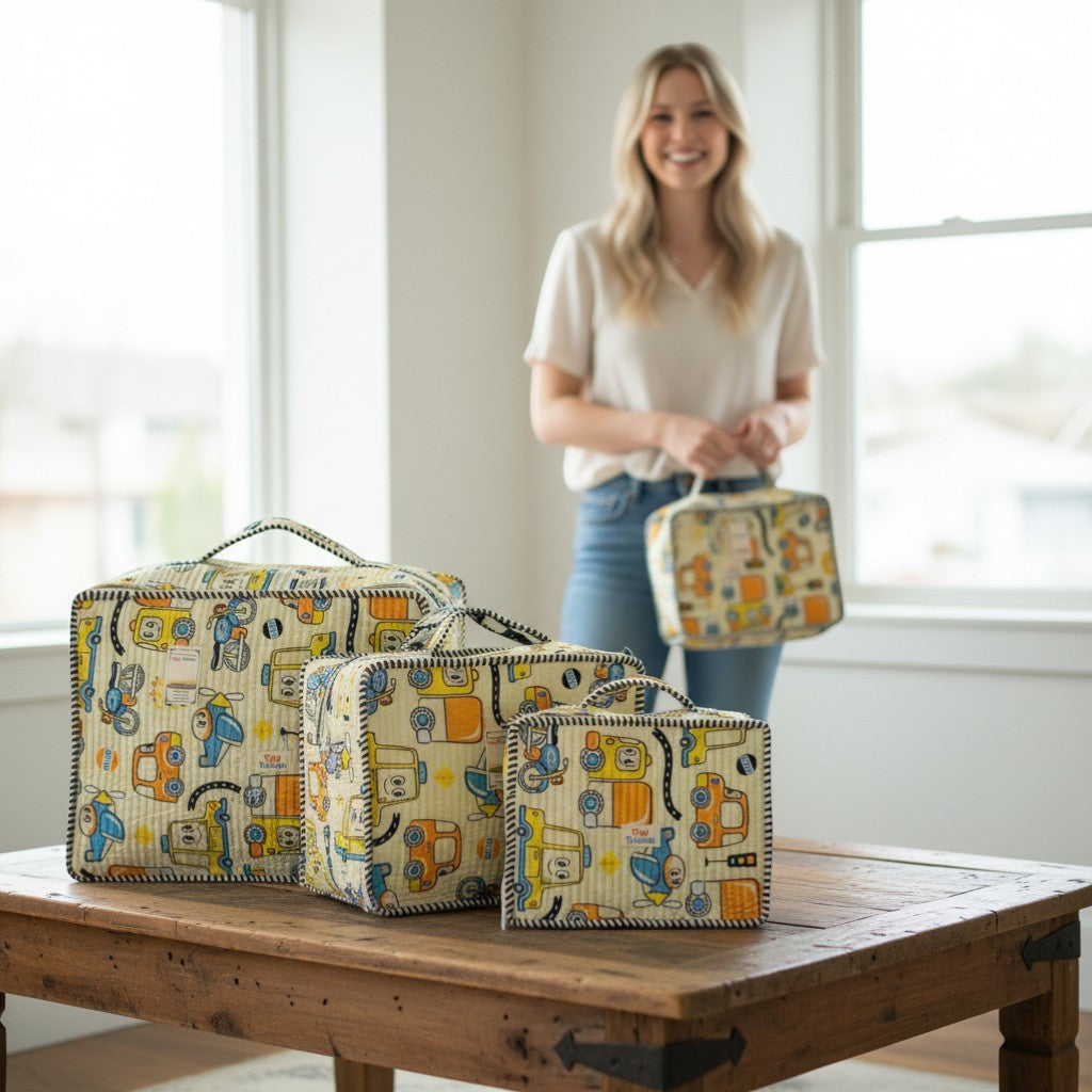 Tiny Tokens set of 3 quilted cotton organiser bags in cream with a cheerful transport print. Features zip closure and carry handles.