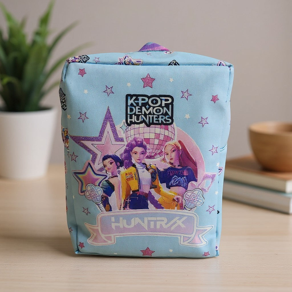 Tiny Tokens K-Pop Demon Hunters backpack for girls, light blue polyester with all-over print, featuring characters and stars.