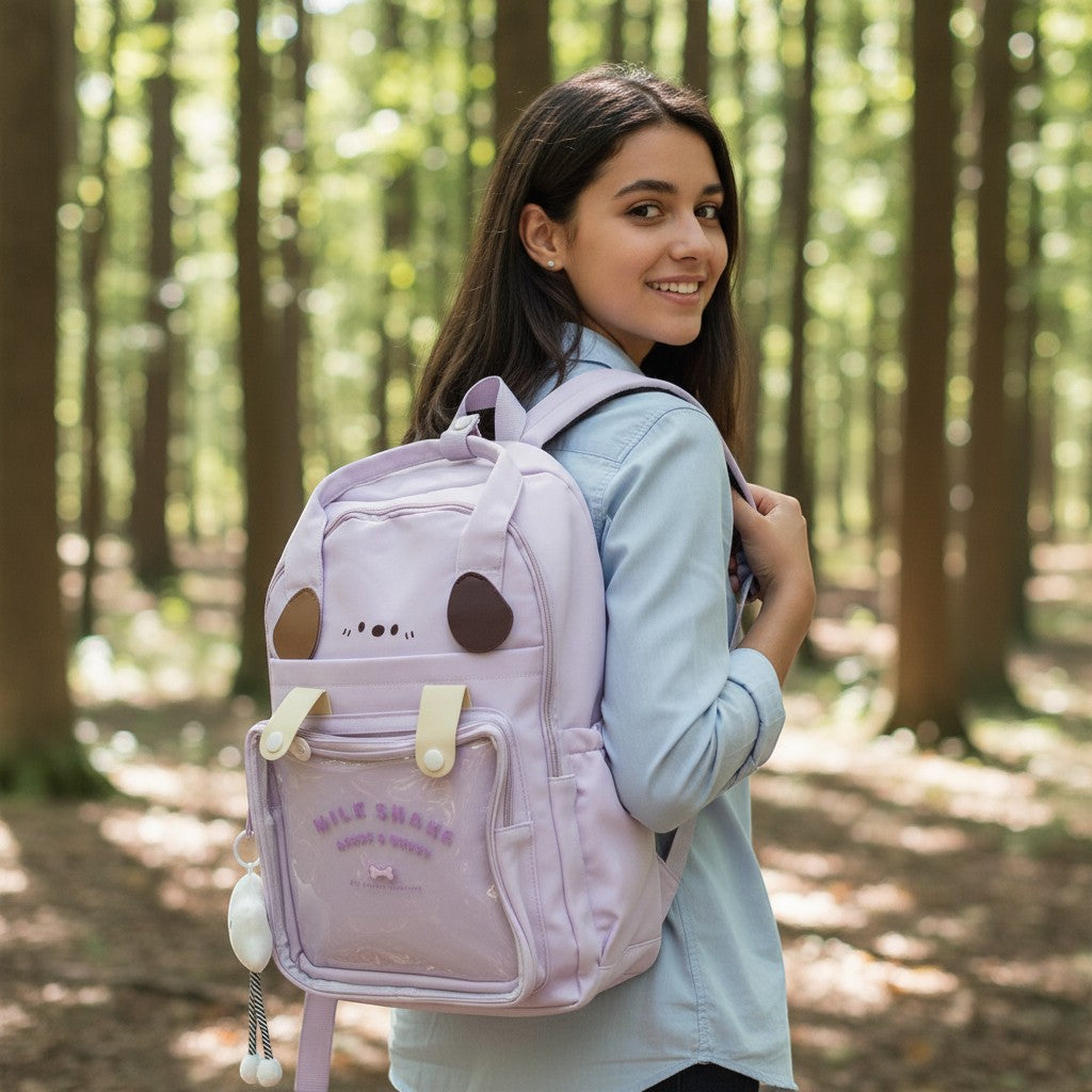 Tiny Tokens lavender purple polyester backpack with 3D puppy face, floppy ears, transparent front pocket, and cloud charm.