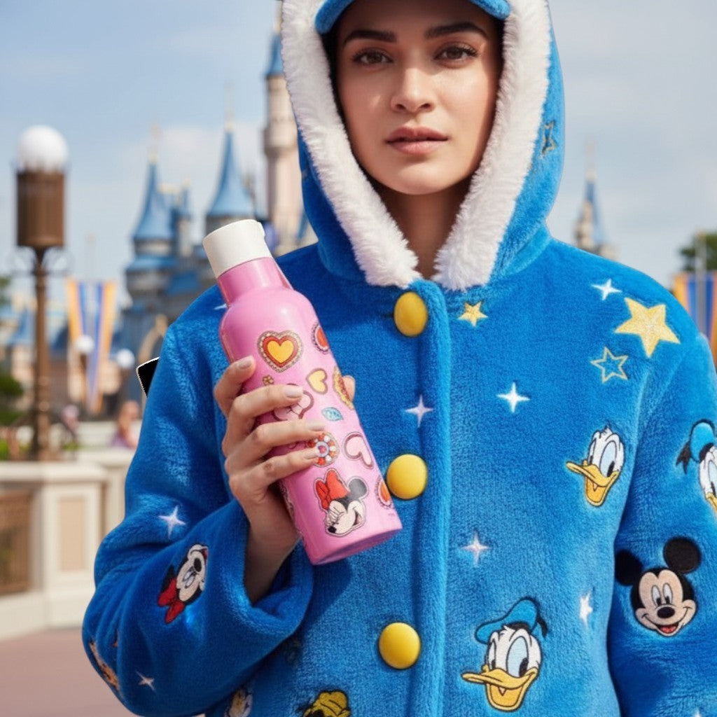 Tiny Tokens pink Minnie Mouse steel water bottle with hearts and bows, 750ml, for school.