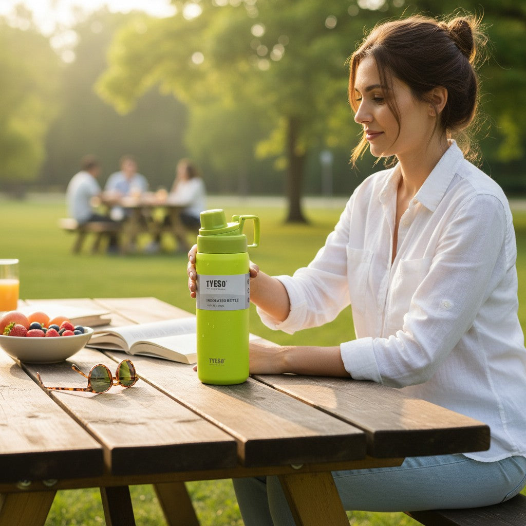 Tiny Tokens neon green 750ml TYESO vacuum insulated stainless steel water bottle with leakproof lid and carry handle.