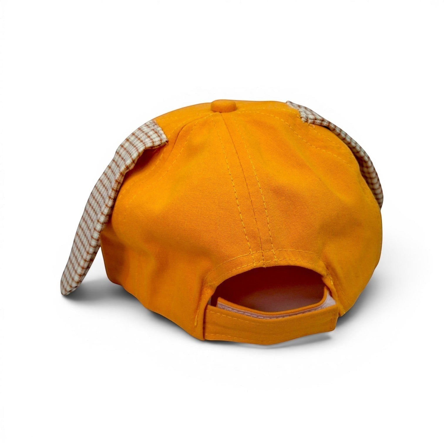 Tiny Tokens orange cotton baseball cap for kids with floppy checkered dog ears and a rubber badge detail.