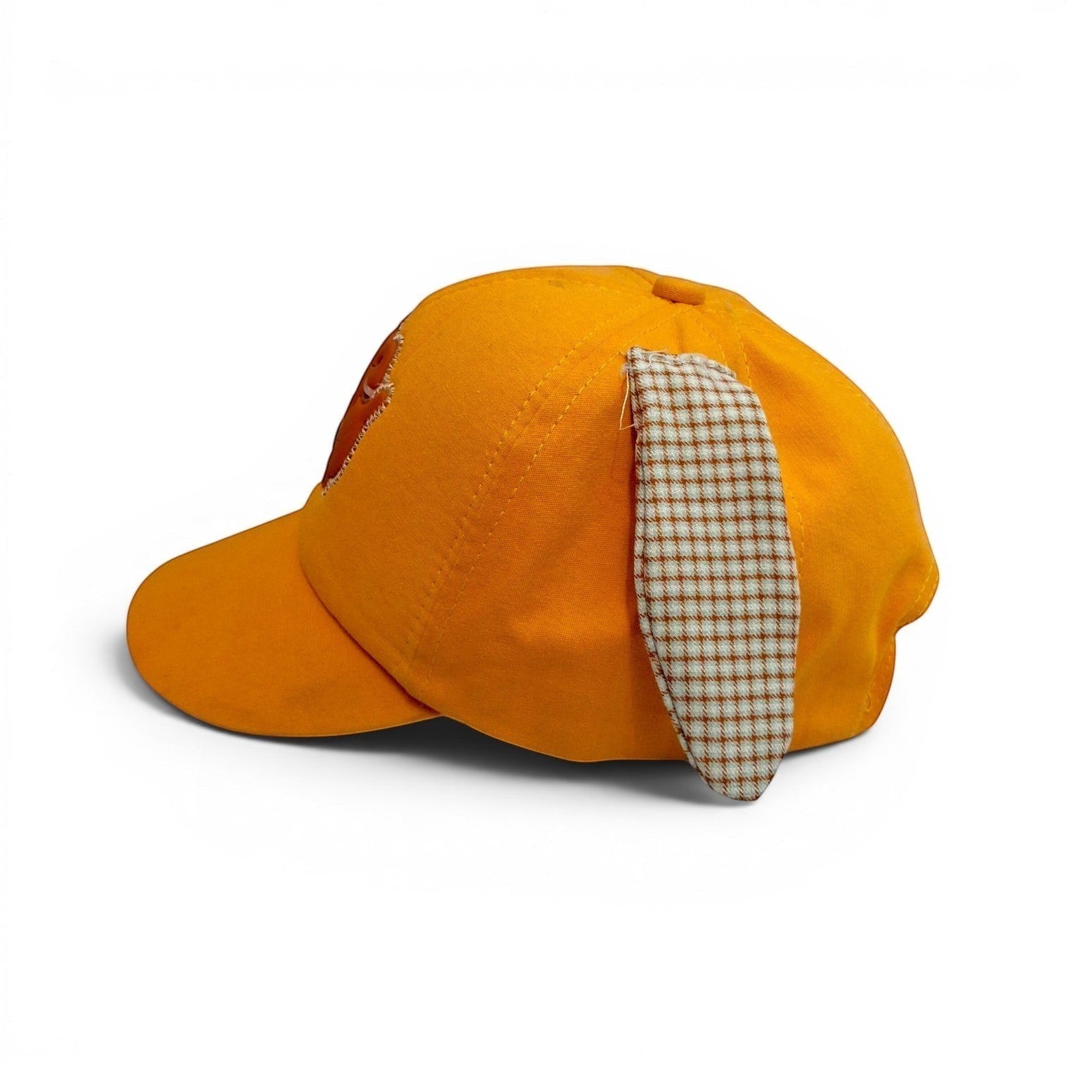 Tiny Tokens orange cotton baseball cap for kids with 3D floppy houndstooth ears and a rubber dog badge.