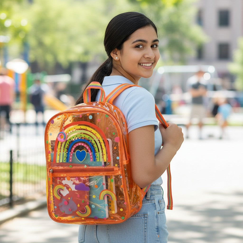 Tiny Tokens orange transparent PVC backpack with rainbow print, heart, and donut charm. Features front zip pocket.