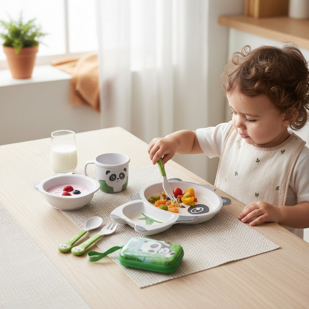 Tiny Tokens Panda & Bamboo 5-piece kids bamboo fibre dinner set with plate, bowl, cup, spoon, and fork.