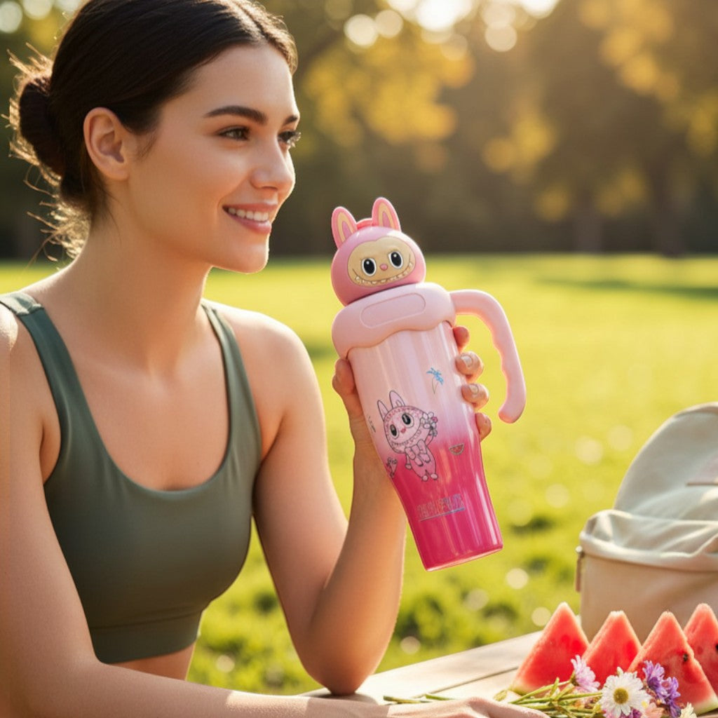 Tiny Tokens pink ombre steel tumbler with 3D bunny monster lid, handle, and straw. Features cartoon character and tropical print.