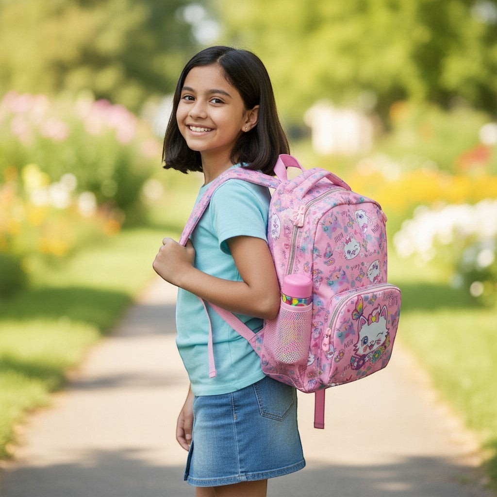 Tiny Tokens pink polyester backpack with all-over print of kawaii cats, butterflies, flowers, and 'Meow' text. Features rainbow zip.