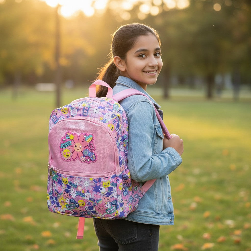Tiny Tokens pink backpack with all-over print of smile emojis, bunnies, flowers, and BFFs. Features a glossy front pocket with a 3D flower emoji badge.