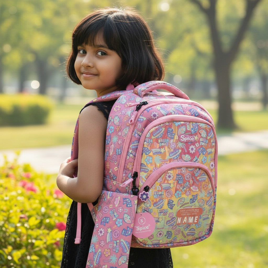 Tiny Tokens pink holographic small school backpack with 'Good Vibes' print and customizable name panel. Includes matching pencil pouch.