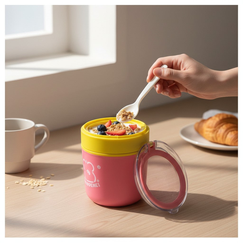 Tiny Tokens pink insulated steel soup jar with yellow lid, clear flip-top cap, and pink carry ring. Includes spoon.